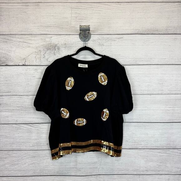 Impressions Plus Size Black & Gold Sequin Football Puff Sleeve Top Size 3X - Picture 1 of 10